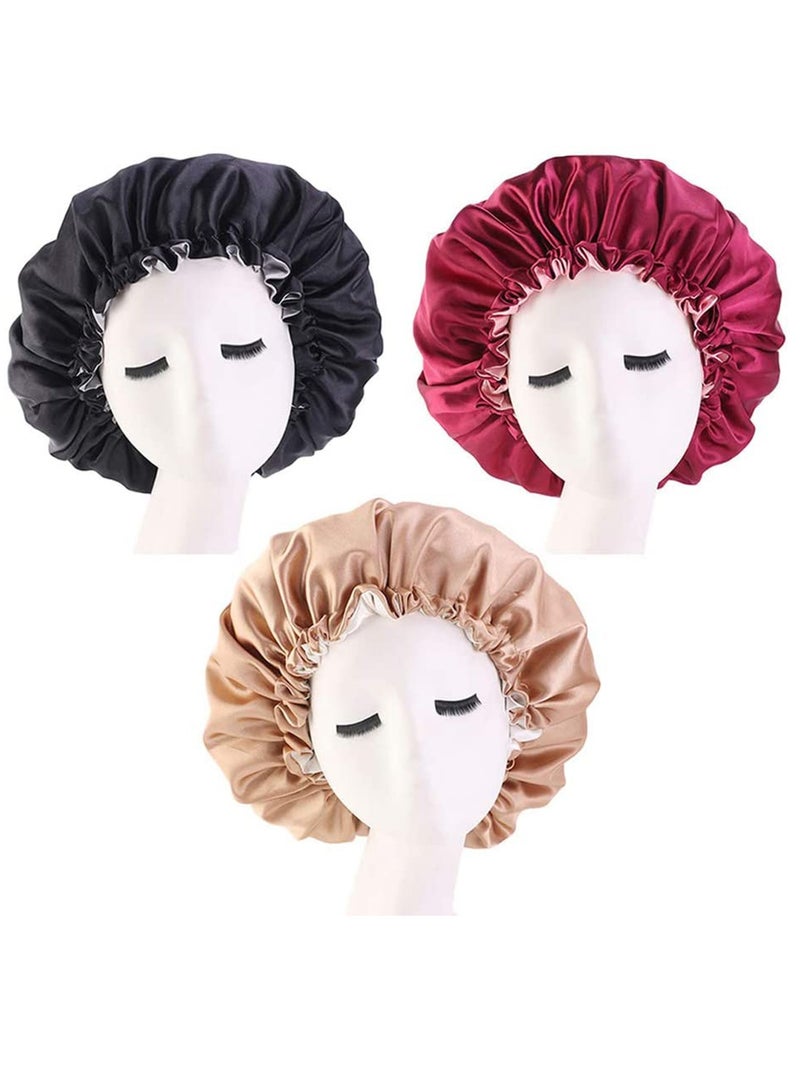 SYOSI 3 PCS Satin Night Sleep Cap Elastic Women Hair Bonnet Shower Caps For Curly or Afro Hair Double Layered Reversible Sleep Cap Adjustable Breathable Shower Hat A - Image 1