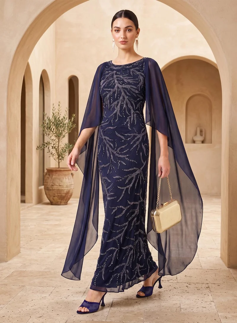 Namshi X Bead Embellished Evening Gown with Cape Sleeves
