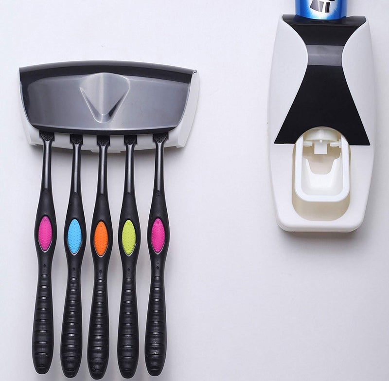 PRETOX Automatic Toothpaste Dispenser with 5 Brush Holder, Fresh ABS Plastic Dust-Proof Wall Mounted Toothbrush Holder with Cover Storage Stand for Home Bathroom (Multi Colors) - Image 1