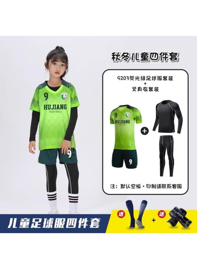 Children's Football Training Suit Four-Piece Set for Boys and Girls – Fluorescent Green with Socks and Protective Gear