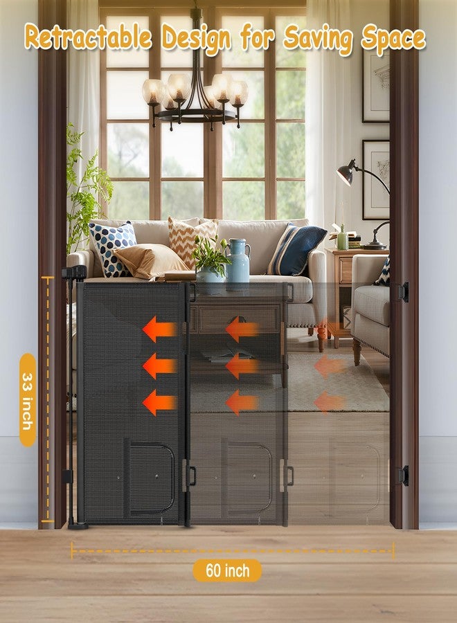 Sair pet Reinforced 60” Wide Retractable Baby Gate with Cat Door 33” Tall Retractable Pet Gates with Reinforced Strips Mesh Dog Gate with Cat Door Mesh Gates for Kids or Pets Cats Can in and Out Freely,Black - Image 4