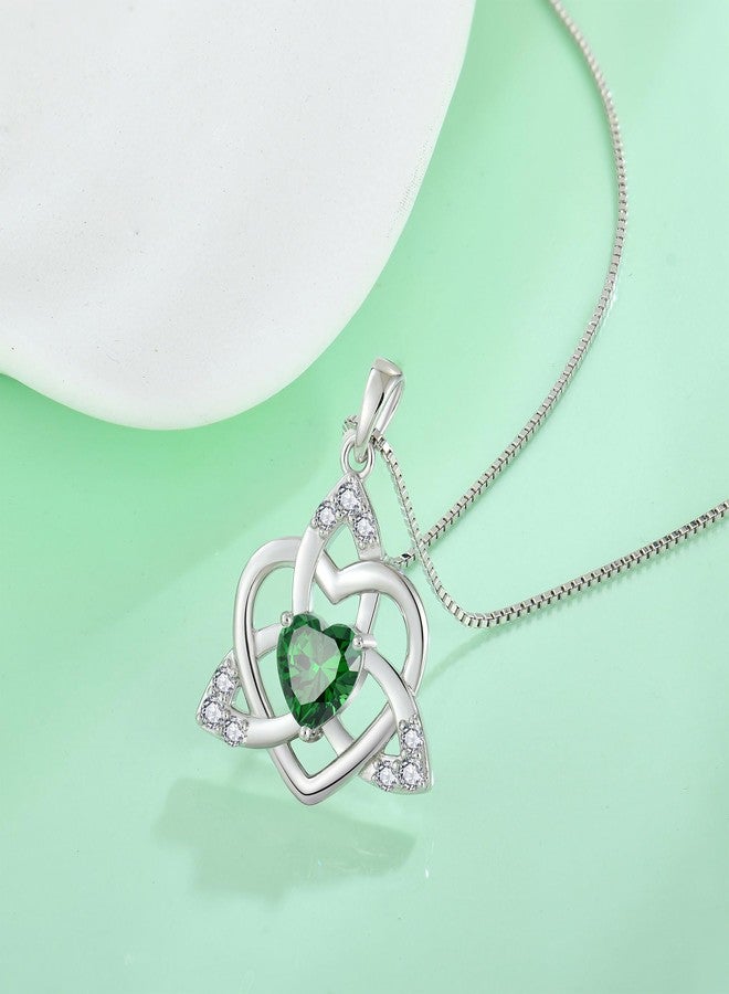 FJ Celtic Knot Necklace 925 Sterling Silver Trinity Love Knot Pendant May Birthstone Emerald Necklace Irish Jewelry for Women - Image 3