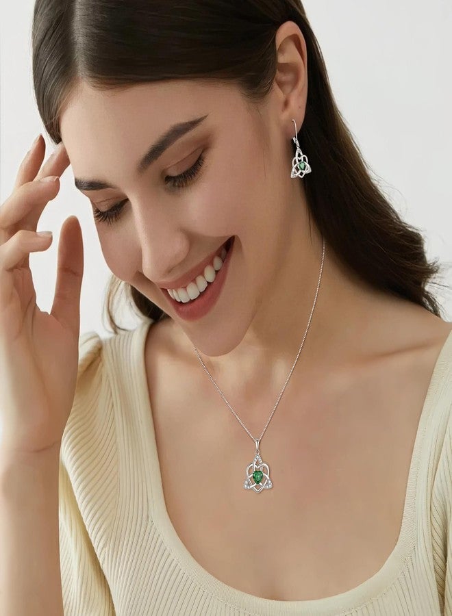 FJ Celtic Knot Necklace 925 Sterling Silver Trinity Love Knot Pendant May Birthstone Emerald Necklace Irish Jewelry for Women - Image 2