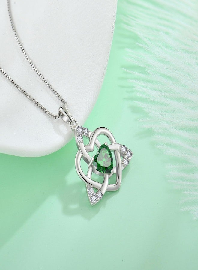 FJ Celtic Knot Necklace 925 Sterling Silver Trinity Love Knot Pendant May Birthstone Emerald Necklace Irish Jewelry for Women - Image 4