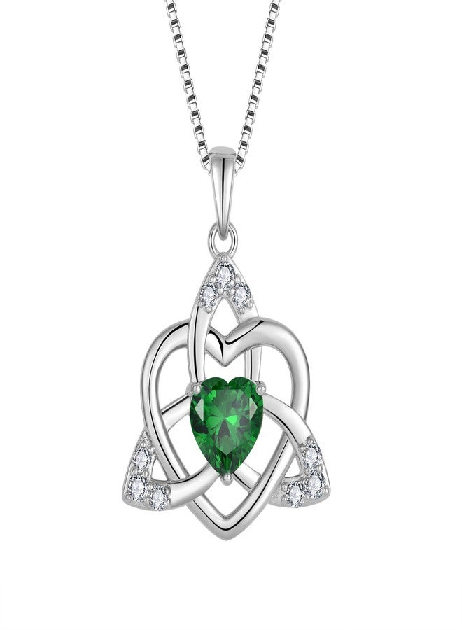 FJ Celtic Knot Necklace 925 Sterling Silver Trinity Love Knot Pendant May Birthstone Emerald Necklace Irish Jewelry for Women - Image 1