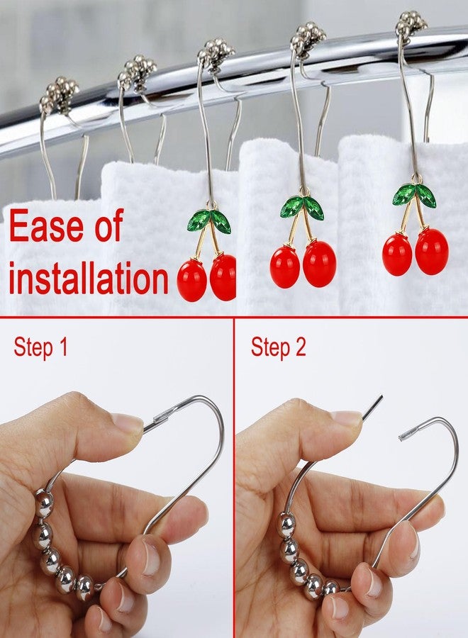 FEKIDO Cherry Decorative Shower Curtain Hooks, Set of 12 Metal Stainless Steel Rust Resistant Shower Rings, Metal Stainless Steel Rust Resistant Rings with Cherry Pendant Perfect Combination - Image 2
