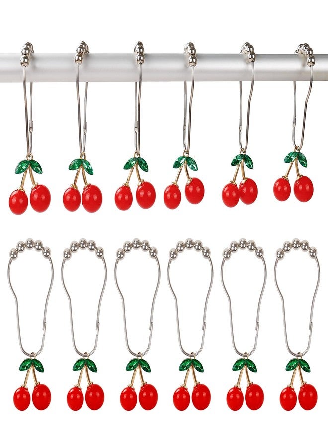 FEKIDO Cherry Decorative Shower Curtain Hooks, Set of 12 Metal Stainless Steel Rust Resistant Shower Rings, Metal Stainless Steel Rust Resistant Rings with Cherry Pendant Perfect Combination - Image 1