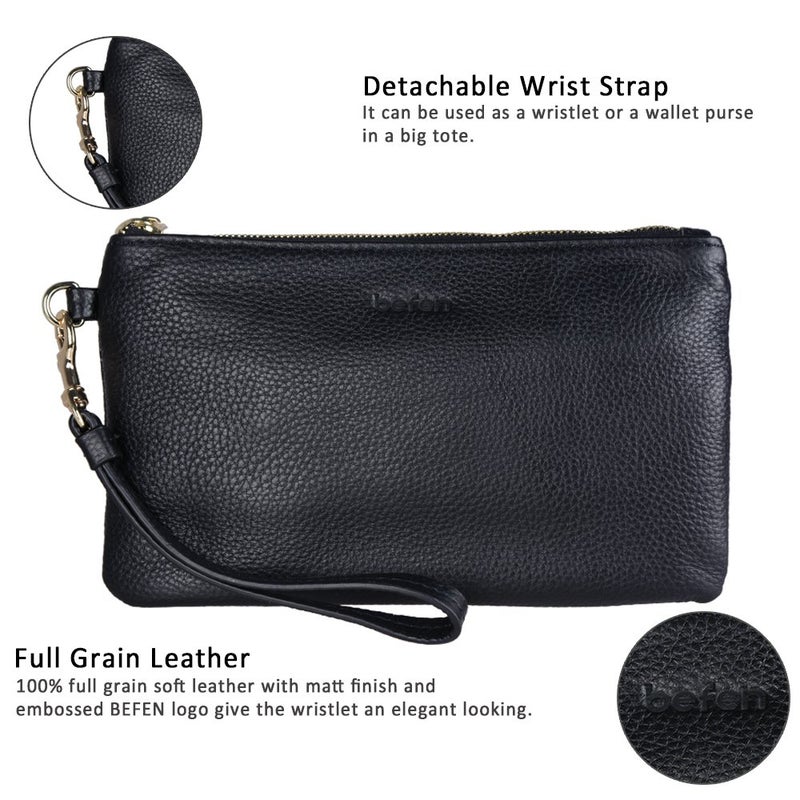 befen befen Black Genuine Leather Wristlet Clutch Cell Phone Wallet Purse Smartphone Wristlet Wallet Purses and Handbags for Women  - Image 5