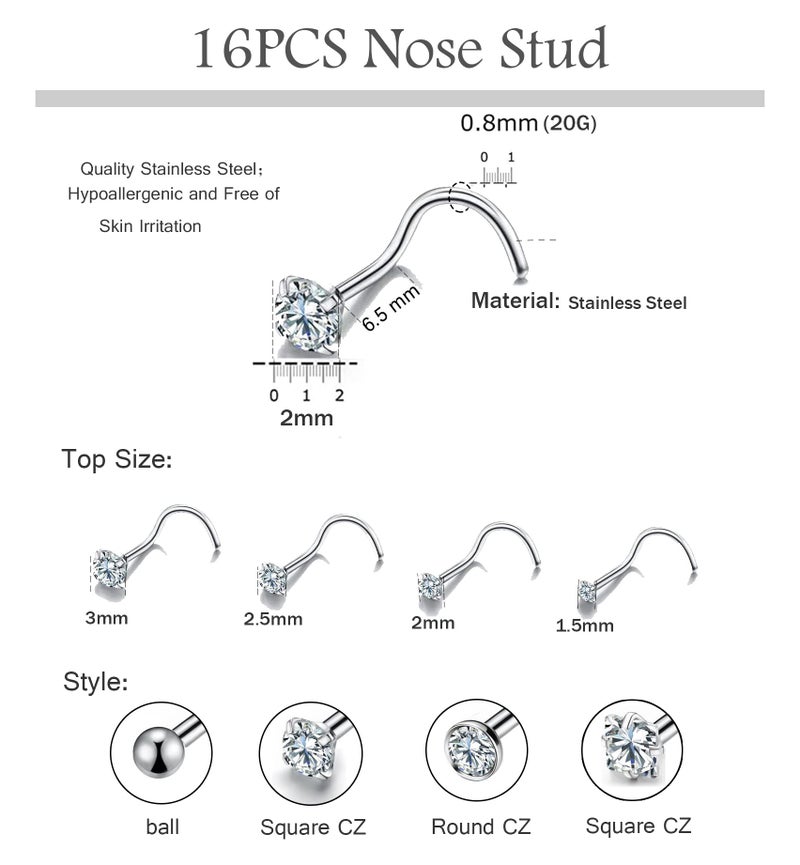 Monily 20g Nose Ring Surgical Steel 16pcs 20g Stainless Steel Nose Ring Stud for Women Screw Nose Stud 1.5mm 2mm 2.5mm 3mm CZ Body Piercing for Women Men (6.50, 20G, Screw) - Image 5