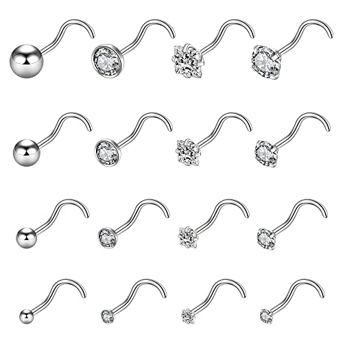 Monily 20g Nose Ring Surgical Steel 16pcs 20g Stainless Steel Nose Ring Stud for Women Screw Nose Stud 1.5mm 2mm 2.5mm 3mm CZ Body Piercing for Women Men (6.50, 20G, Screw) - Image 1