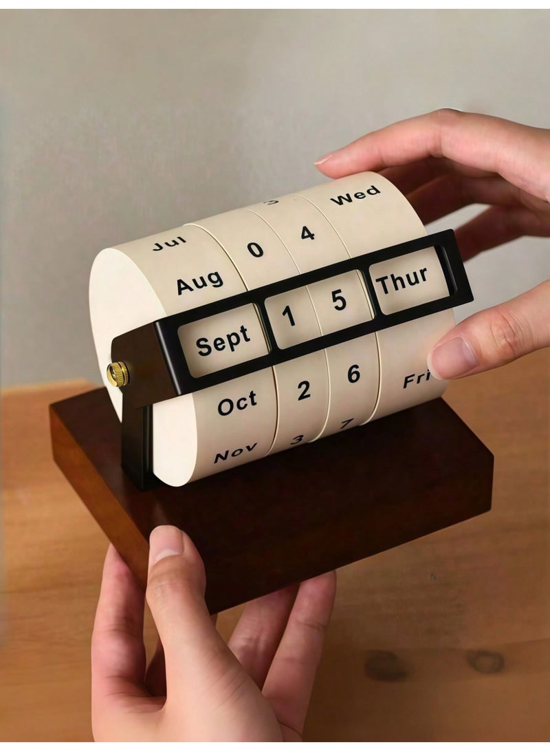 MUJIU Retro Mechanical Rotating Perpetual Calendar - Handcrafted Solid Wood DeskOrnament - Vintage Manual Monthly & Day Indicator - Creative Office & HomeTabletop Decor - Premium Gift Box Packaging - Image 1