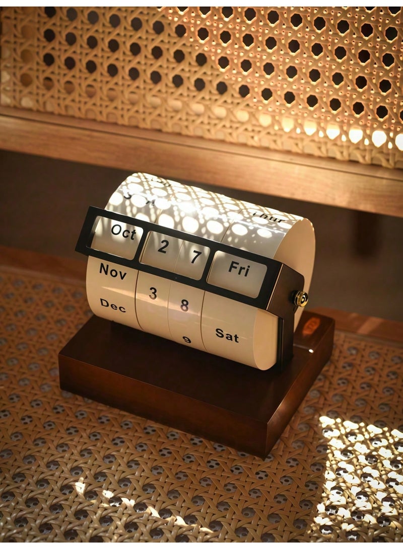 MUJIU Retro Mechanical Rotating Perpetual Calendar - Handcrafted Solid Wood DeskOrnament - Vintage Manual Monthly & Day Indicator - Creative Office & HomeTabletop Decor - Premium Gift Box Packaging - Image 2