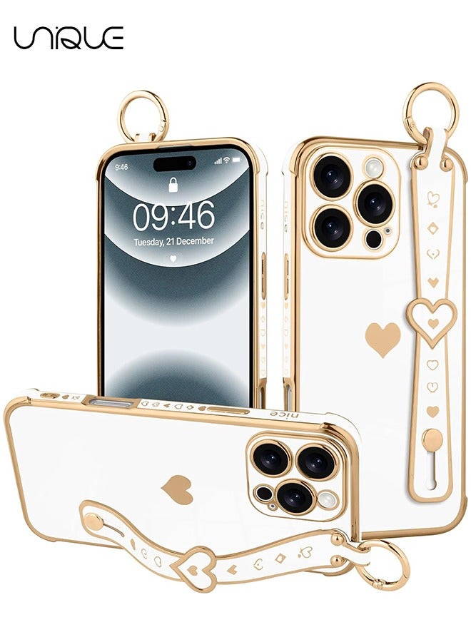 Unique Compatible with iPhone 16 Pro Max Case, Adjustable Wrist Strap Kickstand, Cute Heart Luxury Gold Plating Bumper, Women Girl Men Protective Case Cover, White - Image 1