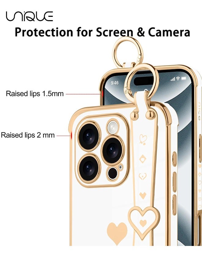 Unique Compatible with iPhone 16 Pro Max Case, Adjustable Wrist Strap Kickstand, Cute Heart Luxury Gold Plating Bumper, Women Girl Men Protective Case Cover, White - Image 2