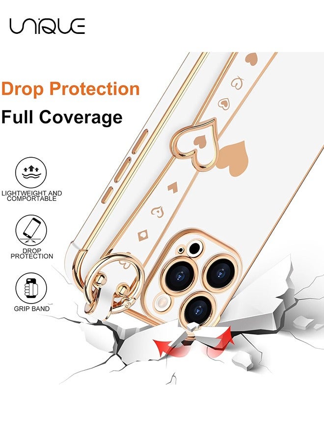 Unique Compatible with iPhone 16 Pro Max Case, Adjustable Wrist Strap Kickstand, Cute Heart Luxury Gold Plating Bumper, Women Girl Men Protective Case Cover, White - Image 3