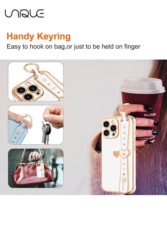 Unique Compatible with iPhone 16 Pro Max Case, Adjustable Wrist Strap Kickstand, Cute Heart Luxury Gold Plating Bumper, Women Girl Men Protective Case Cover, White - Image 5