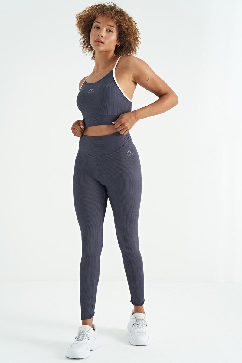 Anthracite Cross Back Detail Logo Printed Slim Fit Ribbed Women's Bustier - 97274