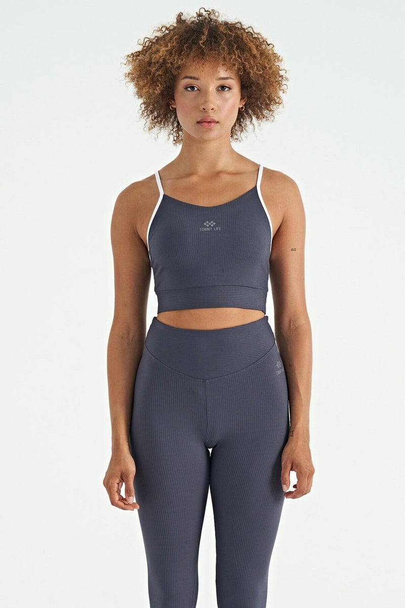 Anthracite Cross Back Detail Logo Printed Slim Fit Ribbed Women's Bustier - 97274