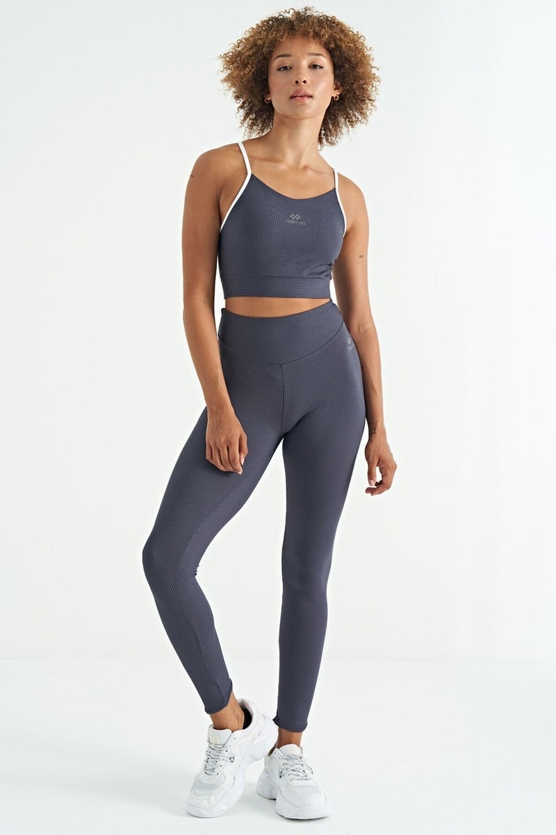 Anthracite Cross Back Detail Logo Printed Slim Fit Ribbed Women's Bustier - 97274