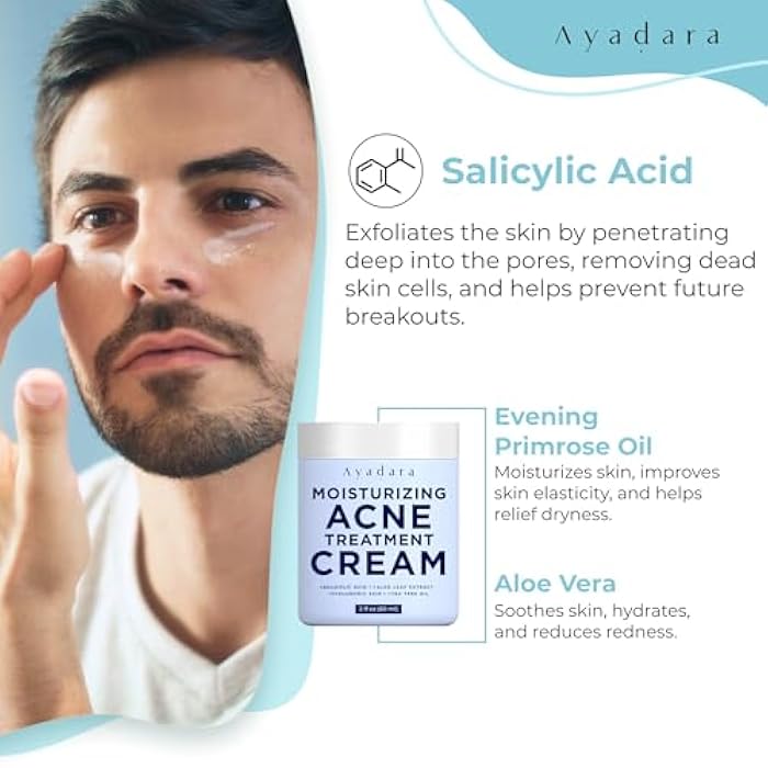 AYADARA Moisturizing Acne Cream, Salicylic Acid Face Moisturizer for Oily & Acne-Prone Skin, Helps with Pimples, Blackheads, Whiteheads, Hormonal & Cystic Acne, for Men and Women, 90-Day Supply by Ayadara - Image 2