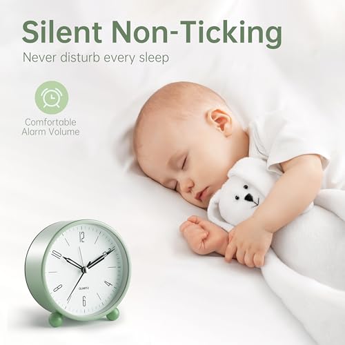 Jall Analog Alarm Clock, 4 inch Super Silent Non Ticking Small Clock with Night Light, Battery Operated, Simple Design, Old Fashioned Style Ideal Decor, for Bedroom, Bedside, Desk, Adult, Kid, Gift, Green - Image 2
