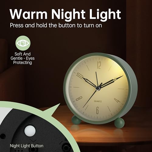 Jall Analog Alarm Clock, 4 inch Super Silent Non Ticking Small Clock with Night Light, Battery Operated, Simple Design, Old Fashioned Style Ideal Decor, for Bedroom, Bedside, Desk, Adult, Kid, Gift, Green - Image 4