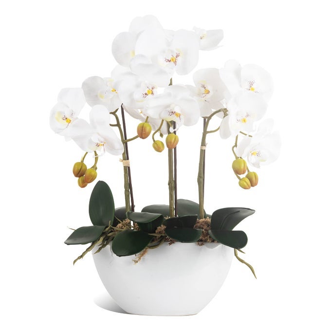 ARTIFICIAL ORCHID FLOWERS POTTED IN CERAMIC POT WHITE FAUX PHALAENOPSIS ORCHIDS FOR TABLE CENTERPIECE REALISTIC FAKE FLOWER IN VASE FOR HOME OFFICE DECOR INDOOR