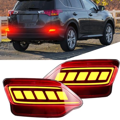PGTOPONE Upgrade LED Rear Bumper Reflectors Light Fog Brake Tail Lamps Compatible with Toyota RAV4 2013 2014 2015 Replace OEM Stock Reflector Sequential Turn Signal Light (Red) - Image 1