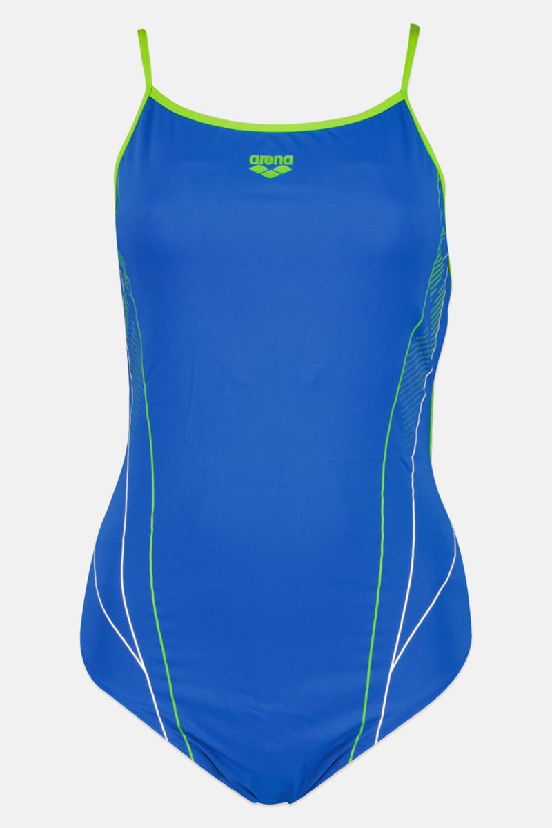 arena بدلة سباحة قطعة واحدة للنساء بشعار العلامة التجارية، زرقاء - Image 1