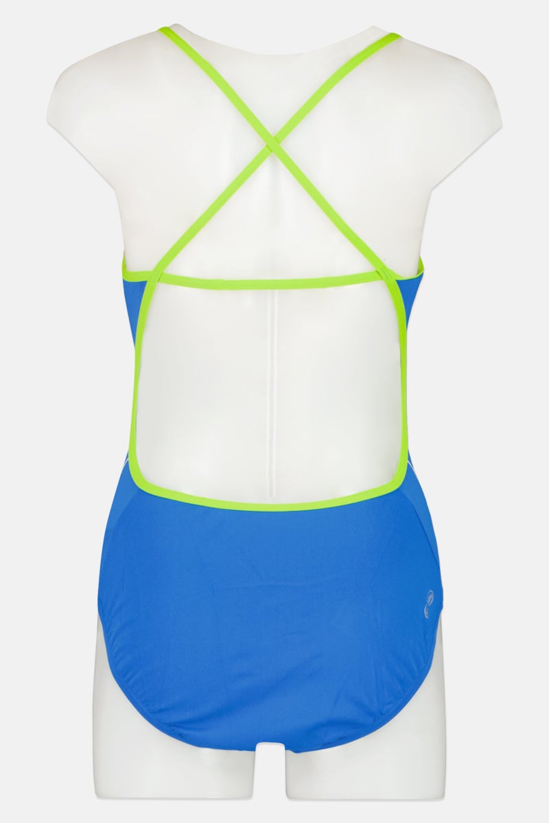 arena بدلة سباحة قطعة واحدة للنساء بشعار العلامة التجارية، زرقاء - Image 2