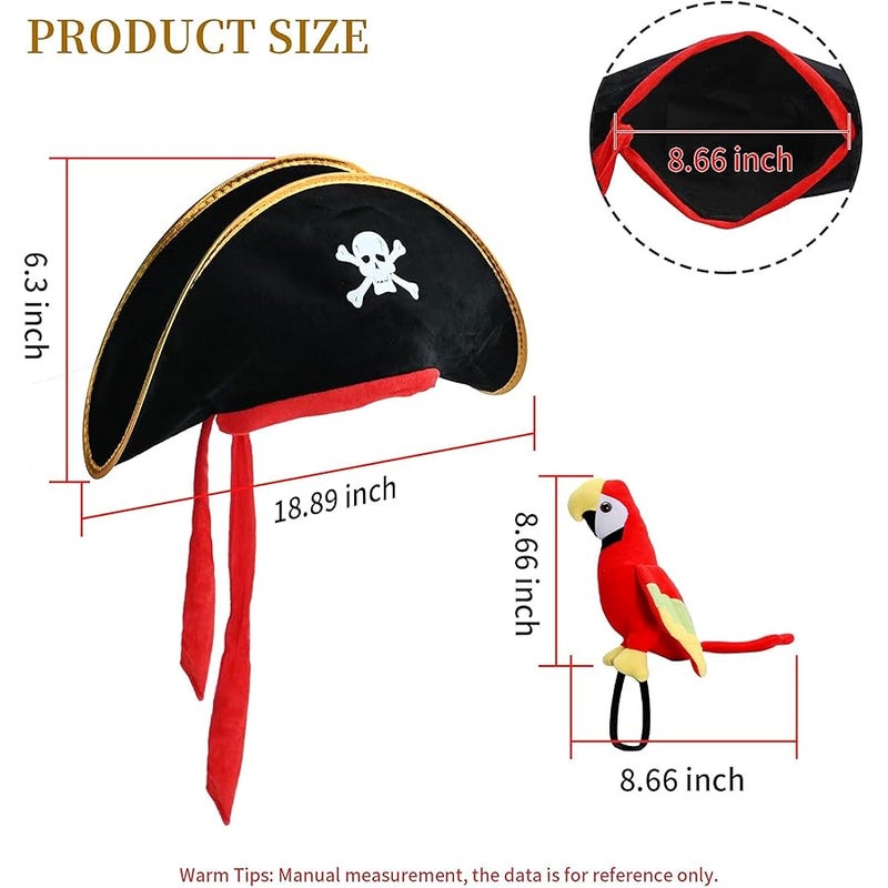 UOIENRT 2Pcs Pirate Hat Hat Skull Print & 10in Stuffed Parrot on Shoulder Pirate Costume Accessories for , School Play, Theater Performance - Image 2