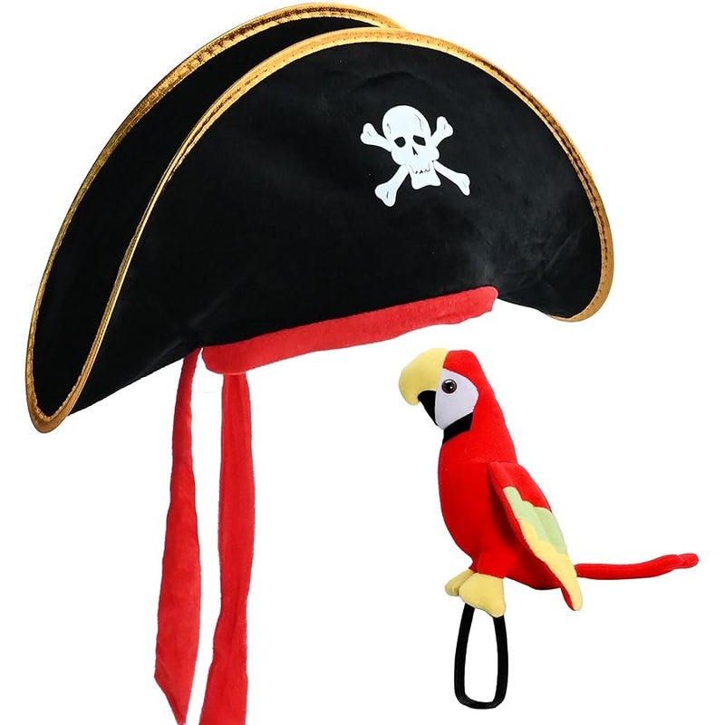 UOIENRT 2Pcs Pirate Hat Hat Skull Print & 10in Stuffed Parrot on Shoulder Pirate Costume Accessories for , School Play, Theater Performance - Image 1