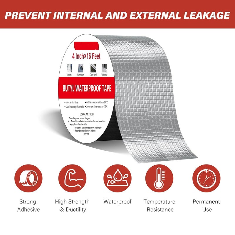 SWAMINE Super Strong Adhesive Waterproof tape Permanent Repair Aluminum Butyl Roof Water Leakage Solution Rubber Foil Suitable for Leak,surface Crack, Window Sill Gap,Sealing,Tank 4 Inch (10CM*5M (Pack Of 5) - Image 2