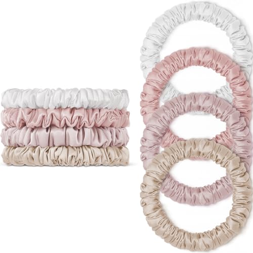 WantGor Scrunchies Hair Ties Silk Satin Scrunchy WantGor Women 4PC Pure Mulberry Silk Skinny Elastic Scrunchies Hair Bands Bracelets Ponytail Holders Hair Accessories ChampagneWhitePinkLight Pink - Image 1