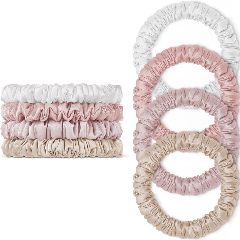 WantGor Scrunchies Hair Ties Silk Satin Scrunchy WantGor Women 4PC Pure Mulberry Silk Skinny Elastic Scrunchies Hair Bands Bracelets Ponytail Holders Hair Accessories ChampagneWhitePinkLight Pink - Image 3