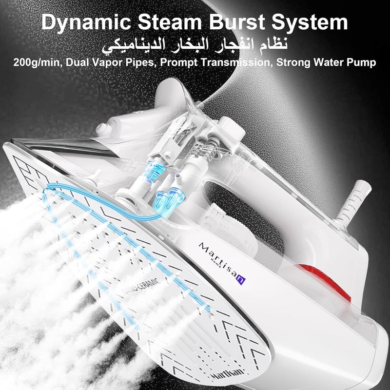 Martisan Powerful 3000W Steam Iron, 200g/min Burst, GCC KSA Certificate, 15s Fast Heating, 400ml Large Tank, Nano Ceramic Soleplate, Spray & Burst, Adjustable Temp, Self-Cleaning, Anti Drip & Calc - Image 2