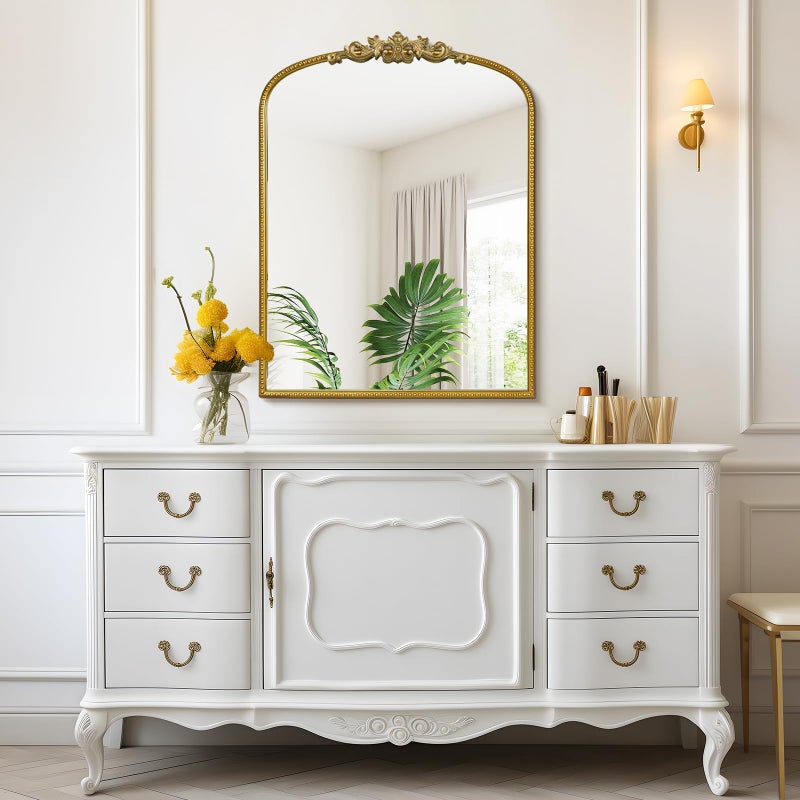 WallBeyond Gold Vintage Mirror for Vanity 24x32 Inch, Gold Antique Mirror with Ornate Frame, Arched Vintage Wall for Bathroom, Living Room, Fireplace, Entryway - Image 3