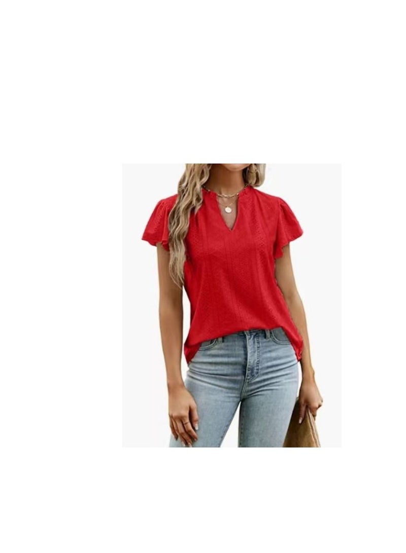 Loquat New Summer Women's Flounces Hollowed Out Short Sleeve Casual T-shirt 