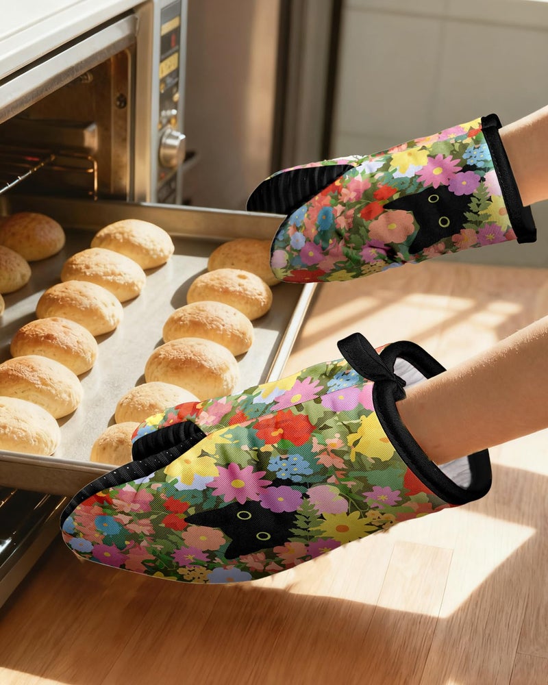 Slohif Cat Mini Oven Mitts Set â€“ Black Extended Short Animal Heat Resistant Kitchen Gloves for Women, 100% Cotton Oven Mitts with Silicone Grips, Non-Slip and Thick Durable for Cooking & Baking - Image 5