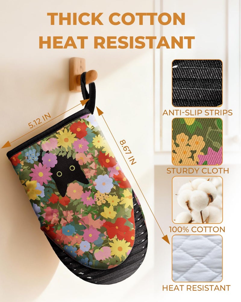 Slohif Cat Mini Oven Mitts Set â€“ Black Extended Short Animal Heat Resistant Kitchen Gloves for Women, 100% Cotton Oven Mitts with Silicone Grips, Non-Slip and Thick Durable for Cooking & Baking - Image 2