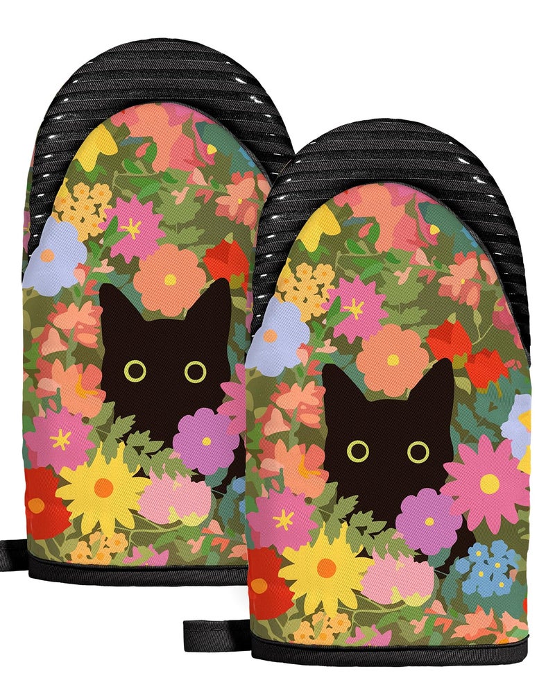 Slohif Cat Mini Oven Mitts Set â€“ Black Extended Short Animal Heat Resistant Kitchen Gloves for Women, 100% Cotton Oven Mitts with Silicone Grips, Non-Slip and Thick Durable for Cooking & Baking - Image 1