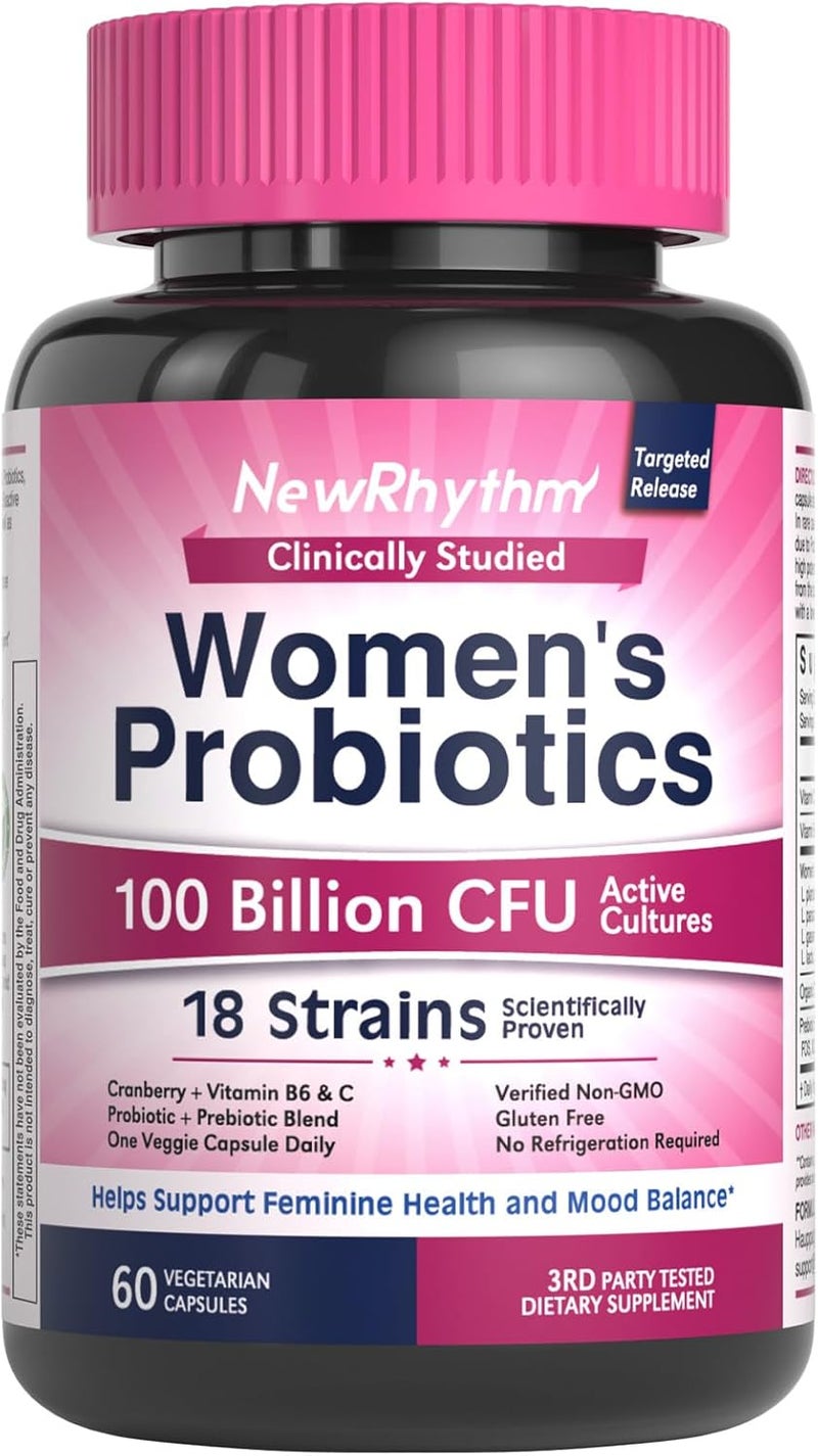 NewRhythm Probiotics for Women P5P Vitamin C  Organic Cranberry 100 Billion CFU 18 Strains Prebiotics  Probiotics Vaginal Probiotics for Digestive Health  PH Balance 60 Capsules No Dairy - Image 1