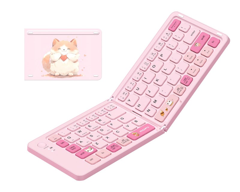 jar-owl Pink Foldable Mini Bluetooth Keyboard, Portable Compact Wireless Rechargeable Keyboard with 67 Slim Quiet Keys, Cute Pocket-Sized Travel Keyboard for iPad iPhone Android Tablet Mac Windows-Cat Theme - Image 1