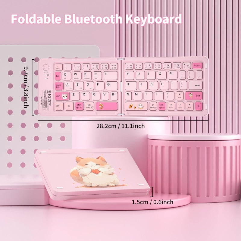 jar-owl Pink Foldable Mini Bluetooth Keyboard, Portable Compact Wireless Rechargeable Keyboard with 67 Slim Quiet Keys, Cute Pocket-Sized Travel Keyboard for iPad iPhone Android Tablet Mac Windows-Cat Theme - Image 2