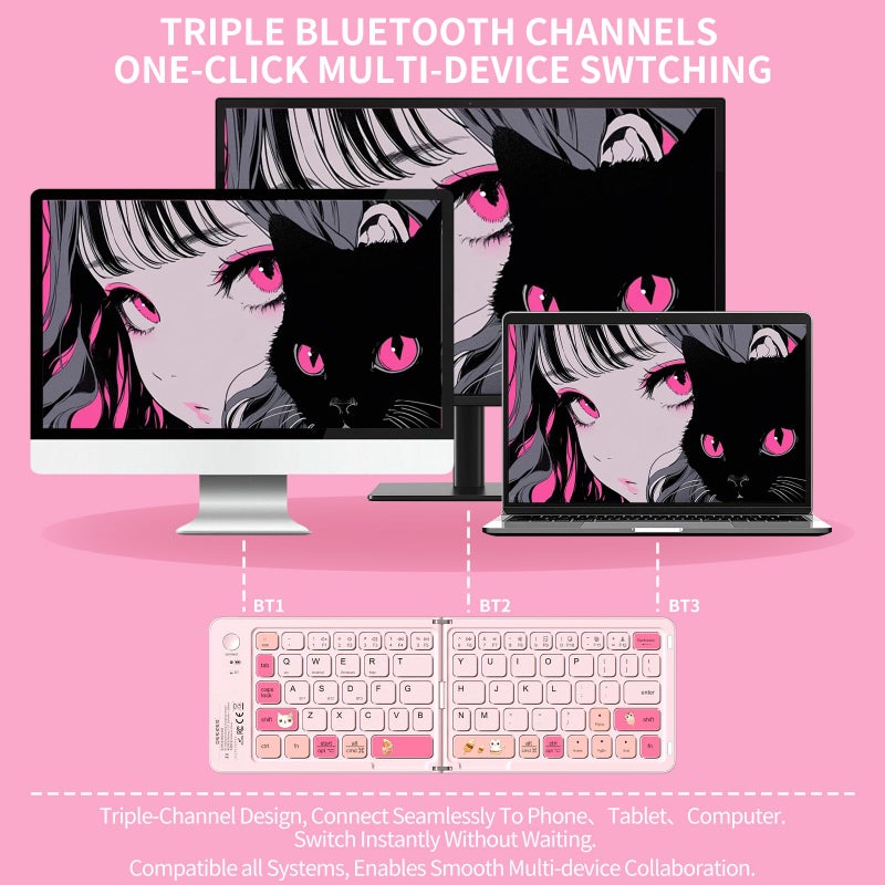 jar-owl Pink Foldable Mini Bluetooth Keyboard, Portable Compact Wireless Rechargeable Keyboard with 67 Slim Quiet Keys, Cute Pocket-Sized Travel Keyboard for iPad iPhone Android Tablet Mac Windows-Cat Theme - Image 4