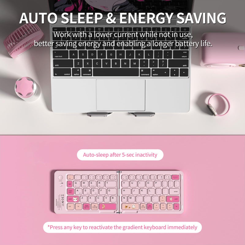 jar-owl Pink Foldable Mini Bluetooth Keyboard, Portable Compact Wireless Rechargeable Keyboard with 67 Slim Quiet Keys, Cute Pocket-Sized Travel Keyboard for iPad iPhone Android Tablet Mac Windows-Cat Theme - Image 5