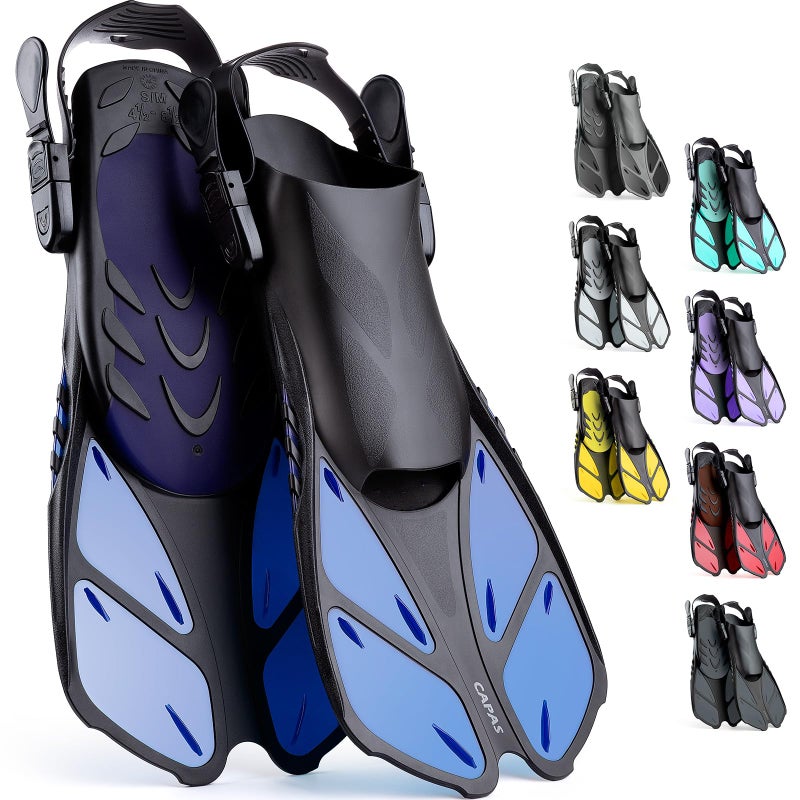 CAPAS Snorkel Fins Swim Fins Travel Size Short Adjustable for Snorkeling Diving Adult Men Women Kids Open Heel Swimming Flippers