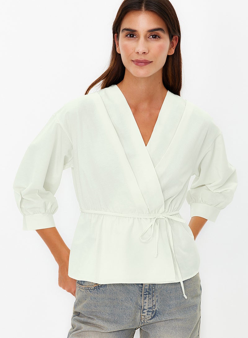 trendyol Stone Double Breasted Tie Detailed Woven Blouse TWOSS21BZ0287 - Image 2
