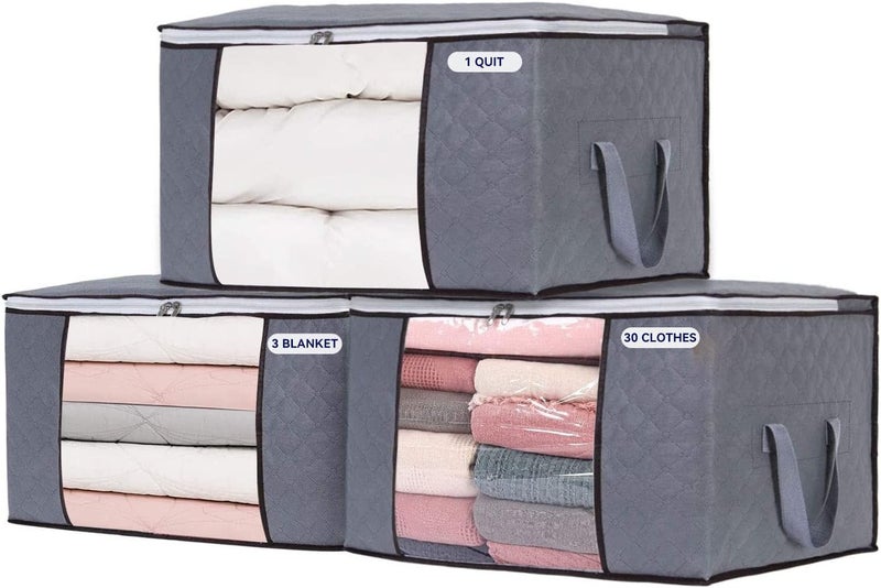 Clothes Storage Bag 90L, Large Capacity Organizer with Thick Non-woven Fabric for Comforters, Bedding, Blankets, Foldable with Clear Window, 3 Pack - Image 1
