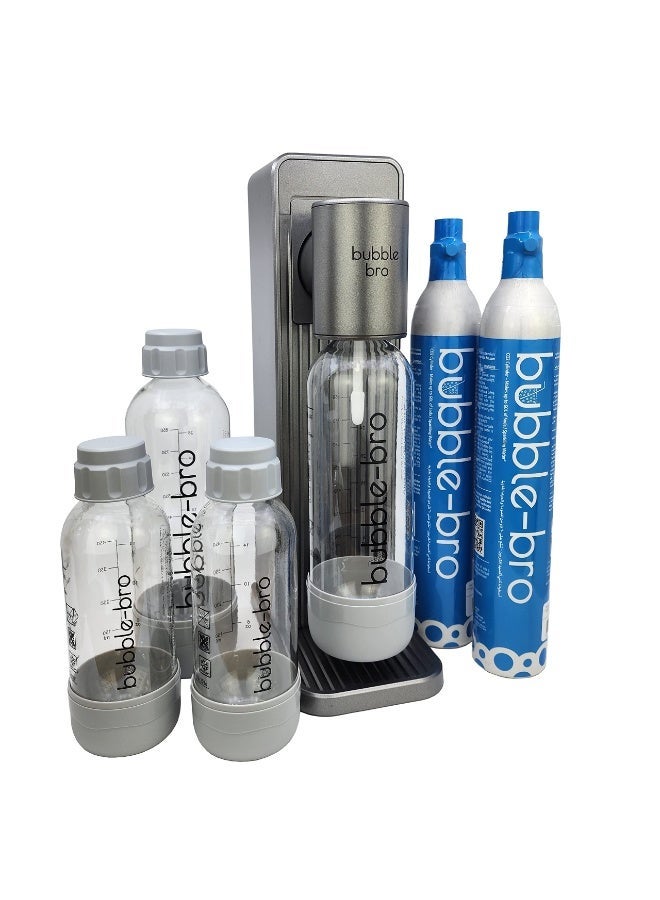 bubble-bro Origin Sparkling Water Maker Family Pack - with 2 x 60L CO2 Cylinders, 1 x additional 1L bottle & 2 x 500ml bottles (Metallic Grey) - Image 1